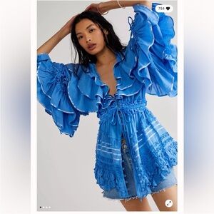 Free People x Fillyboo Lotus Ruffles Buttondown Ribbon Trim Mini Dress Tunic
